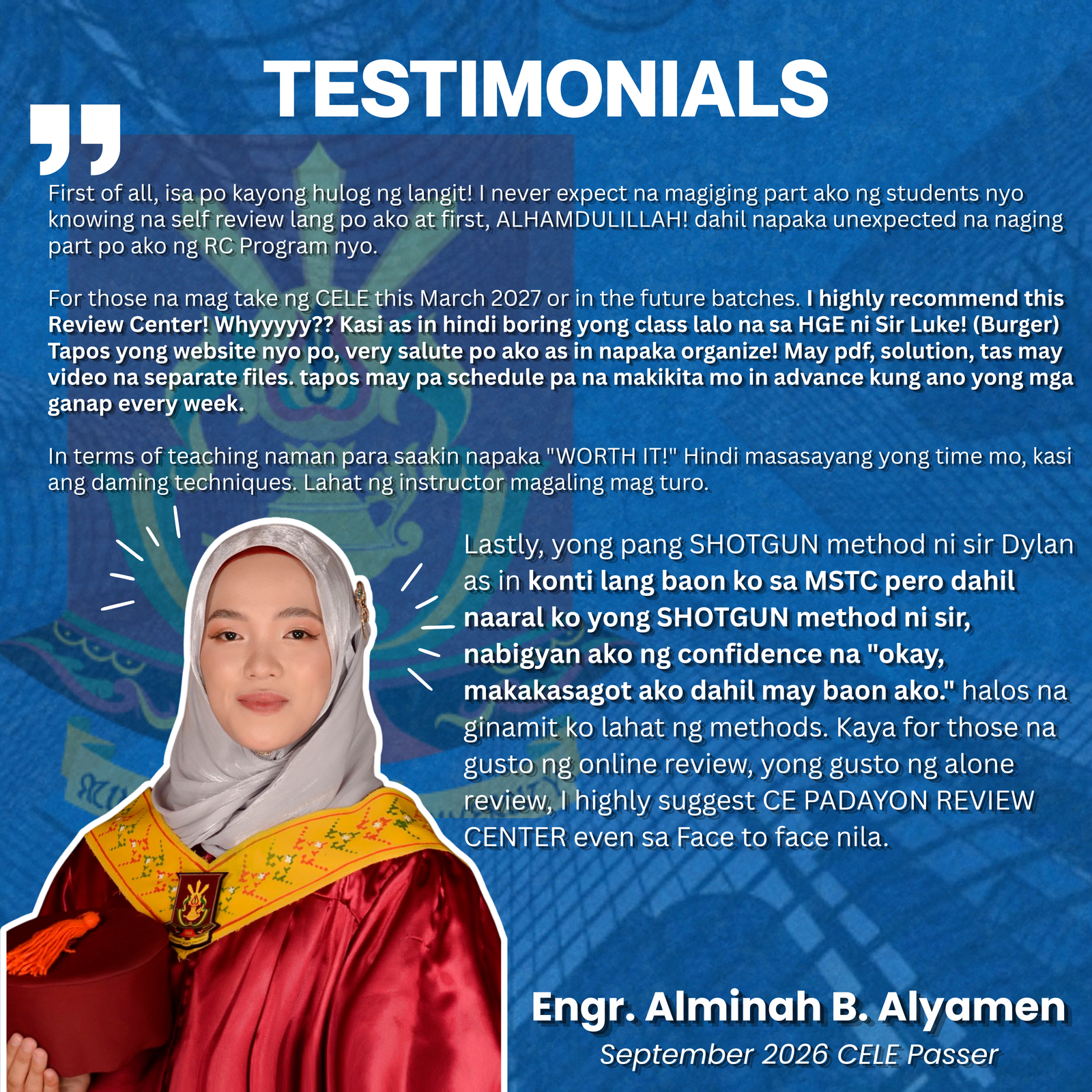 CELE board passer testimonial — successful Civil Engineering Licensure Exam passer