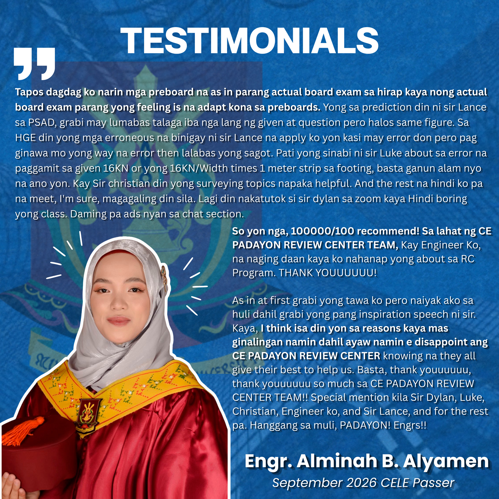 CELE board passer testimonial — successful Civil Engineering Licensure Exam passer